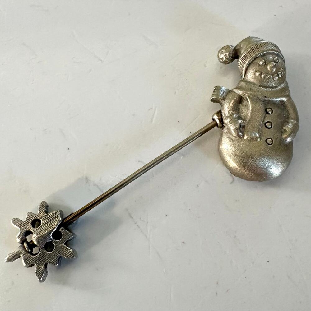 Vintage LCD Snowman Stick Pin Pewter Tone Christmas Brooch